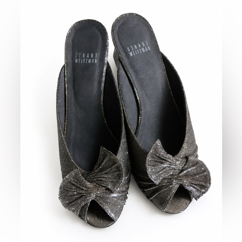 RARE Vintage Stuart Weitzman Gunmetal Metallic Gold Black Glitter Peep-Toe Mules